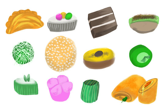 Local market snack (kue jajanan pasar tradisional) from Indonesia. There are pastel, putri mandi, kue lapis, pukis, klepon, onde-onde, lumpur labu kuning, talam, putu ayu, apem, lemper, and risol.