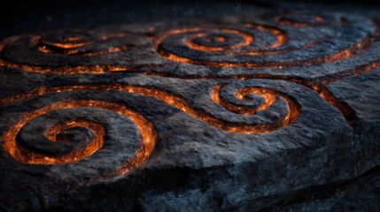 Weathered stone pathway carved with glowing orange spirals mist drifting low between grooves Ultra-sharp clarity captures grain and
