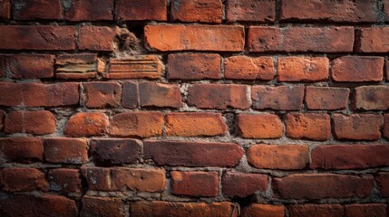 A rustic red brick wall with aged appearance features uneven texture and varied colors ranging from dark red to terra co