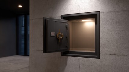 Digital Safe Embedded in Concrete Wall with Open Door Revealing Empty Interior Space