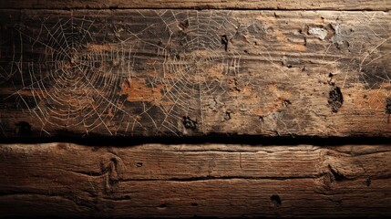 Weathered wooden planks etched with intricate spiderweb patterns illuminated by faint candlelight glow seeping through cracks The surface
