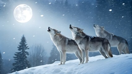 Naklejka premium Majestic Wolves Howling Softly Beneath a Full Moon Halo Surrounded by Gently Falling Snowflakes and Distant Glowing Trees Creating a Mystical Winter Scene of Nature’s Beauty and Serenity