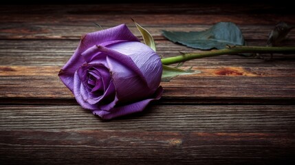 A single purple rose rests on a rustic wooden surface, petals slightly open revealing delicate layers,