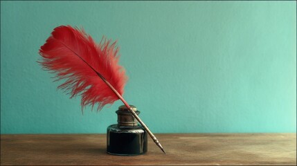 A classic quill pen lies across a small black ink bottle on a wooden surface with a teal backdrop,