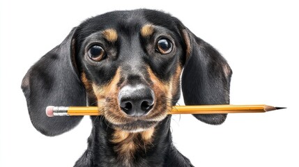 A small black and tan dachshund with perky ears holds an orange pencil between its teeth,