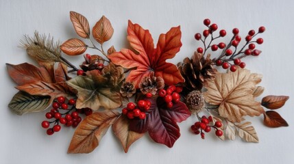 Artistic arrangement of dried leaves in reds, browns, yellows,