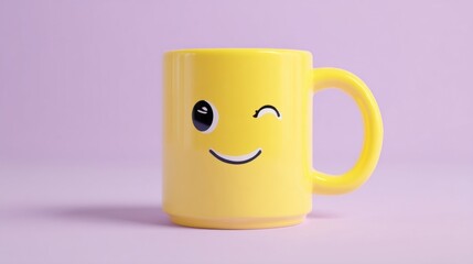 A cheerful yellow mug featuring a prominent smiling face design, perfect for brightening mornings with warm beverages.