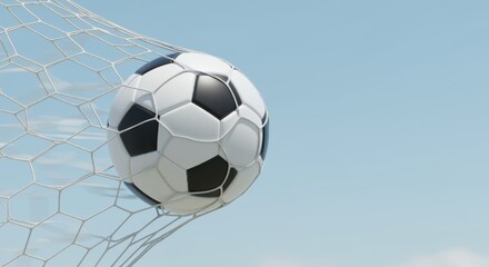  A soccer ball is captured mid-air as it passes through a white net against a clear blue sky. Represents victory, sport, and teamwork.