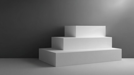 Three vertical rectangular prisms form a minimalist geometric structure resembling a block staircase,