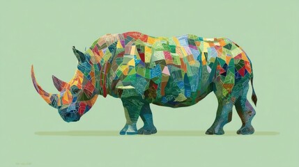 An artistic rhino composed of colorful geometric shapes forms an abstract silhouette against a pale green background wit