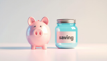 Pink piggy bank and blue jar labeled saving symbolize financial savings and budgeting