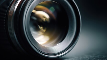 Close-up of a camera lens with glass elements,