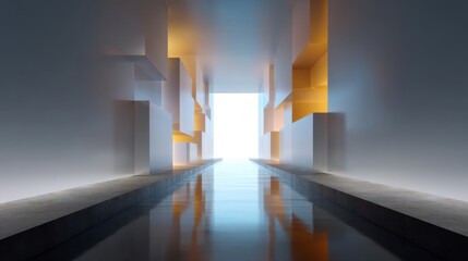 Obraz premium Modern Abstract Space with Geometric Shapes and Reflective Water Creating an Ethereal Atmosphere in a Brightly Lit Environment