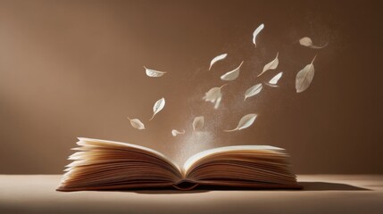 An open book with curved pages and floating white feathers above, casting soft shadows,