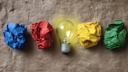 An illuminated light bulb is surrounded by four crumpled pieces of construction paper in blue, red, yellow, and green,
