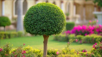 A perfectly trimmed spherical green bush stands at the center of a manicured landscape,