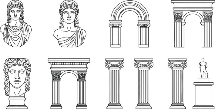 Greek roman architectural elements and sculptures in outline style