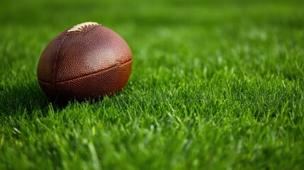 An American football rests on lush green grass, showing signs of use with visible dirt and wear,
