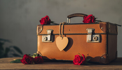 Vintage suitcase with brown leather texture, decorated with red roses and heart shaped tag, sits on wooden table in warm natural light, evoking nostalgia and romance