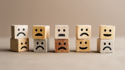 A set of unique wooden story blocks with carved emoji faces, each depicting different emotional expressions,