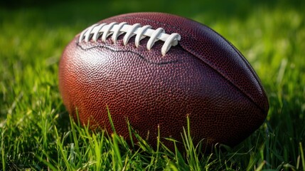 A football rests on lush green grass under bright sunlight, ready for play on an open field with clear blue skies.