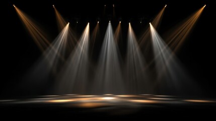 Dramatic stage lighting setup with six symmetrical beams casting warm golden hues on a reflective surface,