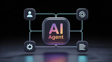 Central artificial intelligence agent connects to user settings target and process icons in a dark futuristic digital network concept illustration