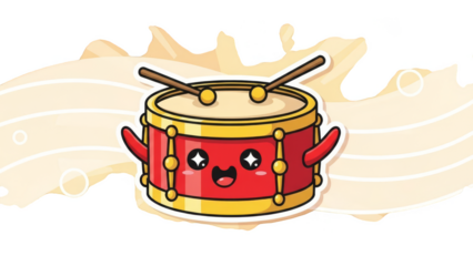 Cute Red Drum with Drumsticks and Sparkling Eyes Cartoon Illustration.