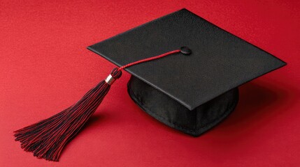 scholar. A graduation cap with a tassel, isolated on a solid red background. event programs, museum guides, designed for cultural heritage projects and event programs, preserves heritage.