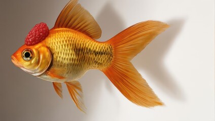 Naklejka premium Surreal portrait of an orange fantail goldfish wearing a raspberry hat.