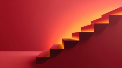 Fototapeta premium Abstract composition of a modern staircase against a warm gradient background that transitions from red to orange, evoking a sense of depth and perspective