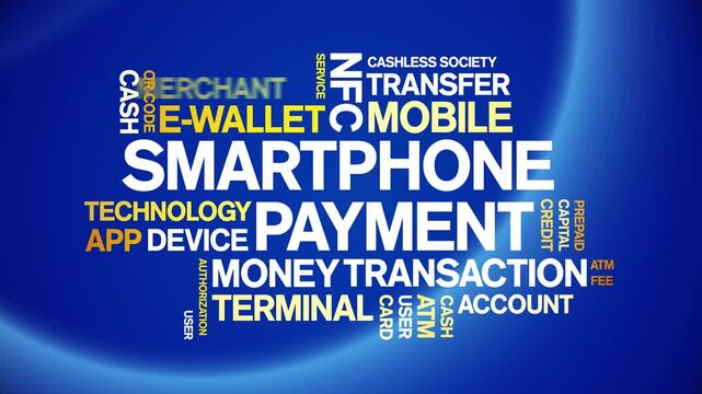 Smartphone Payment animated word cloud-text design animation tag kinetic typography seamless loop.