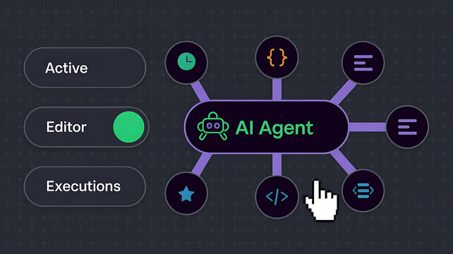 Digital interface displaying an active ai agent configuration with toggles for editor and executions connected to various functional modules on a dark grid background