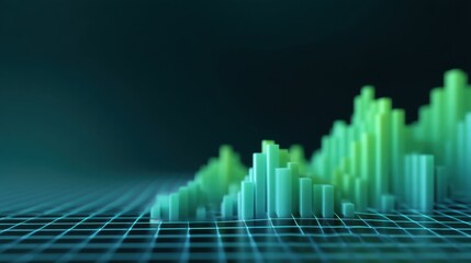 3D Digital Graph Representation with Rising Green Columns on a Grid Background for Financial Growth and Data Visualization Concepts