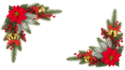 Christmas corner decoration with poinsettia flower, pine branch, berries, and gold bells isolated on transparent background