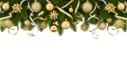 Christmas garland border with gold ornaments and ribbons isolated on transparent background