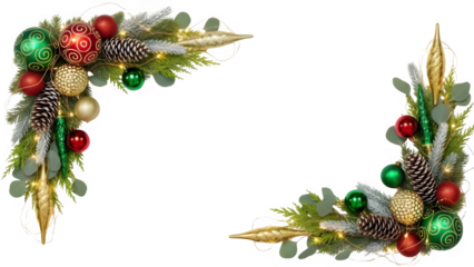Christmas corner garland decoration with ornaments, pinecones, and greenery isolated on transparent background