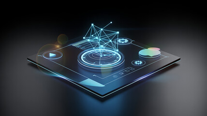 Futuristic holographic interface displaying complex data visualization and network connections on a dark sleek digital platform for technology concepts