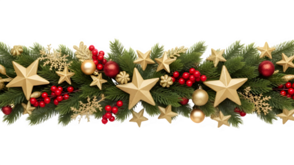 Christmas garland with golden stars, red berries, and ornaments isolated on transparent background