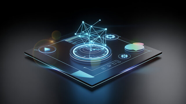 Futuristic holographic interface displaying complex data visualization and network connections on a dark sleek digital platform for technology concepts - Powered by Adobe