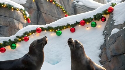 Fototapeta premium Playful Seals Balancing Shiny Ornaments on Their Noses Beneath Snowy Cliffs Decorated with Twinkling Christmas Lights and Holly Creating a Whimsical Festive Coastal Winter Scene