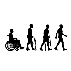 Silhouette of human evolution from wheelchair to walking.