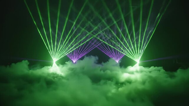 Laser Show With Green and Purple Lights Over Fog, Slow Motion