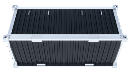 Luxury black carbon fiber cargo container with silver stainless steel frame from bottom view, 3D render.