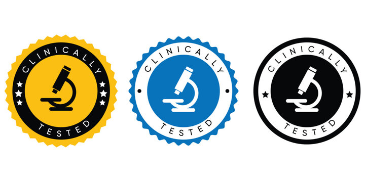 Clinically Tested Certified Badges Set - Vector Round Medical Labels with Microscope Icon in Yellow, Blue, and Black for Laboratory and Healthcare Products