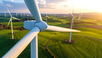 Aerial view showcases a cluster of rotating wind turbines generating clean energy at sunset
