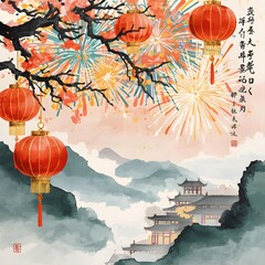 Modern Chinese watercolor background with lanterns and fireworks, Chinese new year of horse 