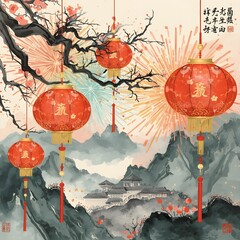 Modern Chinese watercolor background with lanterns and fireworks, Chinese new year of horse 