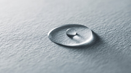 A close-up view of a single, shimmering water droplet resting on a textured surface. The droplet reflects light, showcasing its clear, transparent form 