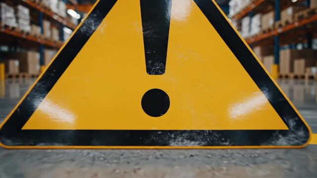 A yellow triangular hazard sign with a black border and exclamation point stands on a shiny warehouse floor with rows of shelves stocked with boxes